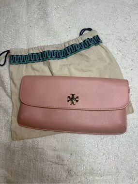 Tory Burch Blush Pink Leather Flap Clutch with Gold Logo